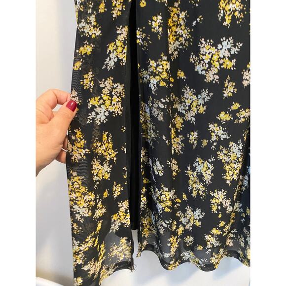 AFRM Tezza Black & Yellow Floral Ruched Mesh Midi Long Sleeves Dress Womens XS - Picture 9 of 11